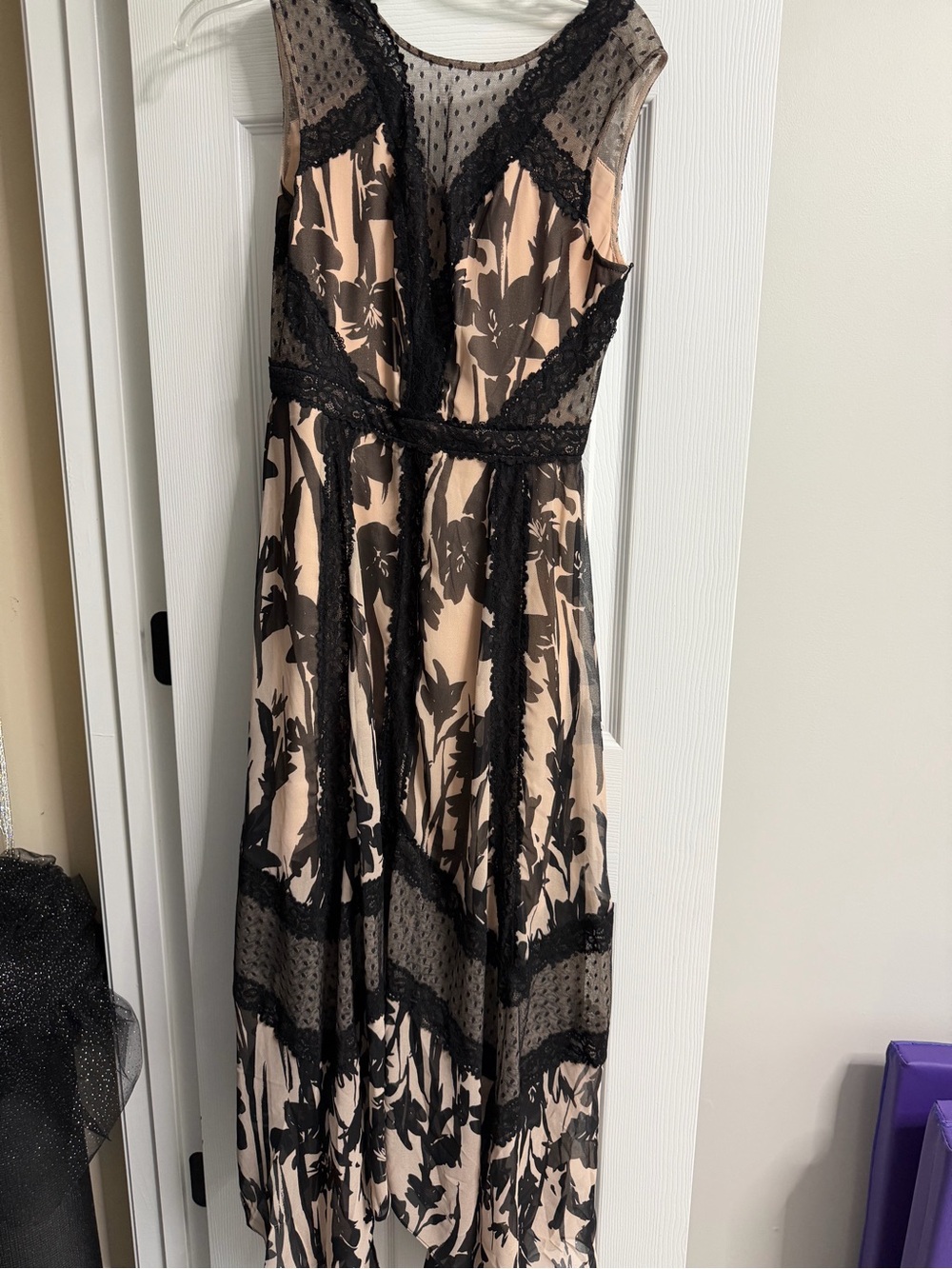 BCBGMaxAzria pink and Black Floral Lace-Trim Maxi Dress